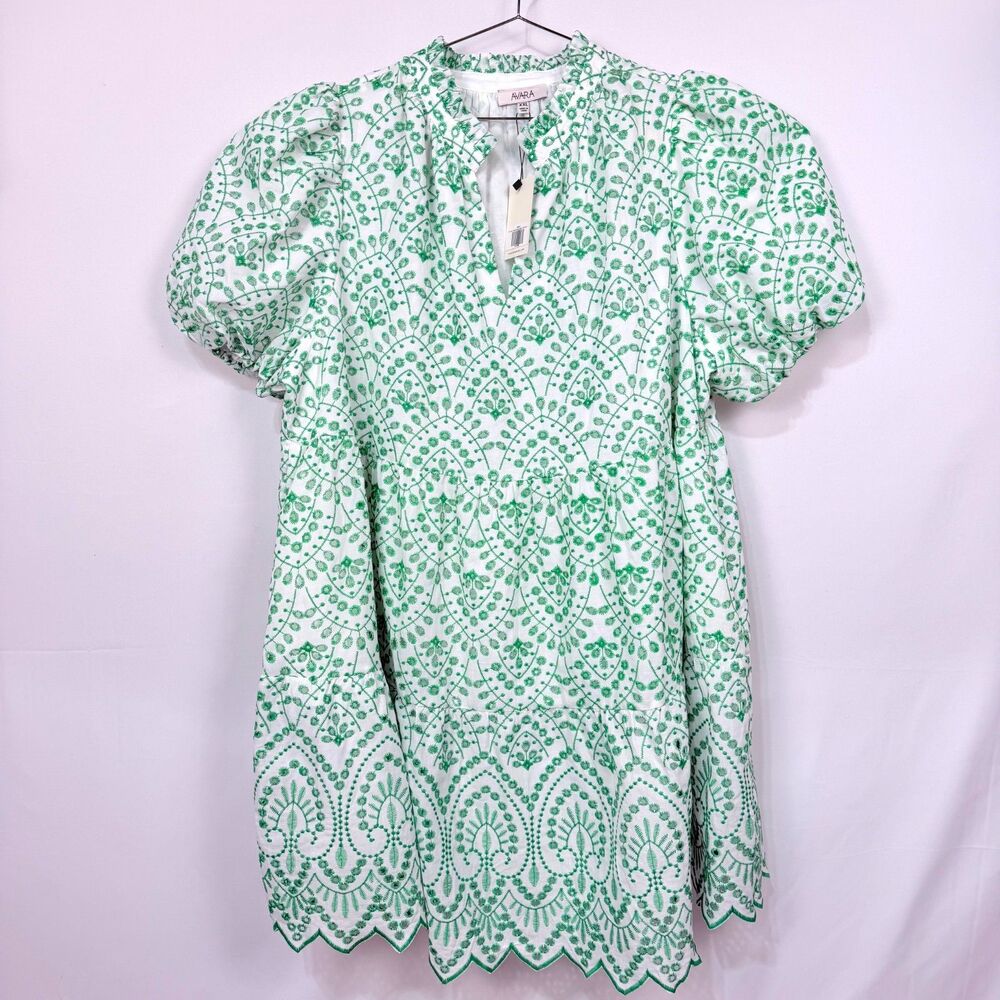 Avara Eyelet Dress Green White Scalloped Hem Puff Sleeves Ruffle Neckline Sz XXL